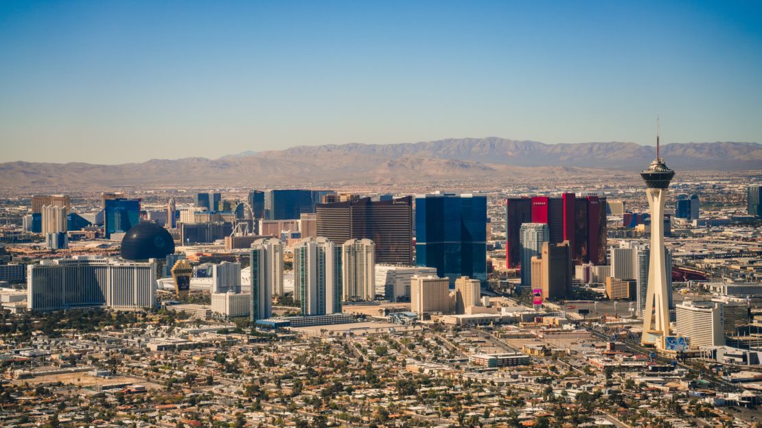 a daytime view of the Las Vegas Strip seen from the sky on a helicopter tour