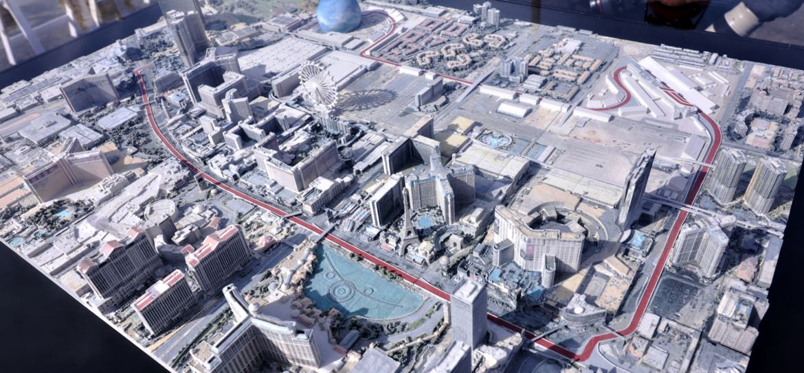 A map of the Las Vegas Strip showing the race track for Formula 1 Grand Prix in red.