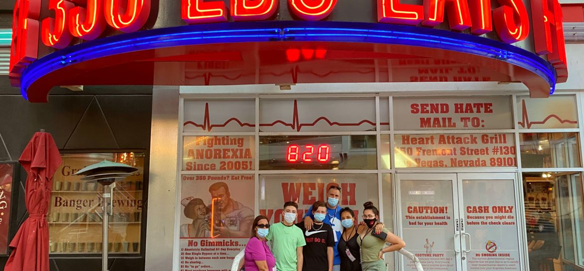 Heart Attack Grill Group Photo Tourists stand in front of the Heart Attack Grill in Downtown Vegas