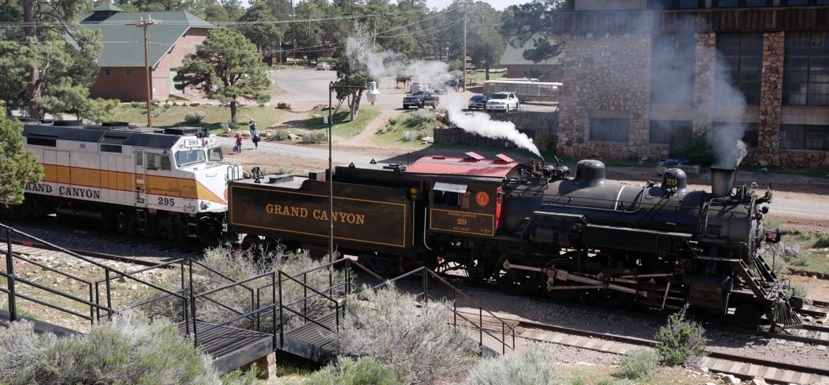 the Grand Canyon train travelling through the Arizona desert en route to the South Rim