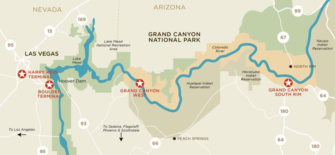 Map showing rims of the Grand Canyon and locations in Arizona