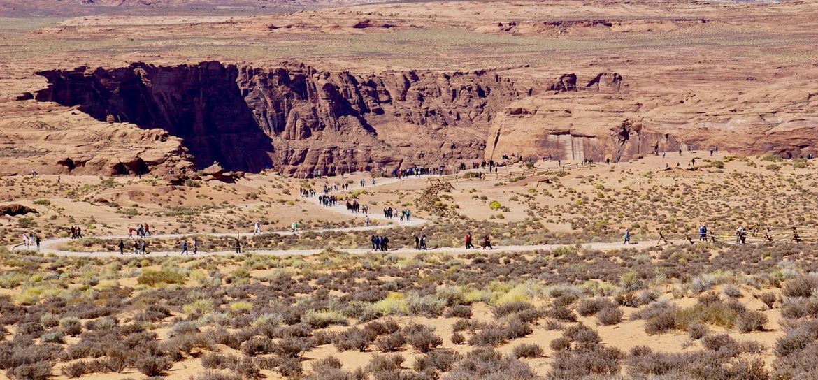 Hiking Trail to Horseshoe Bend Aerial shot of the hiking trail leading to Horseshoe Bend.