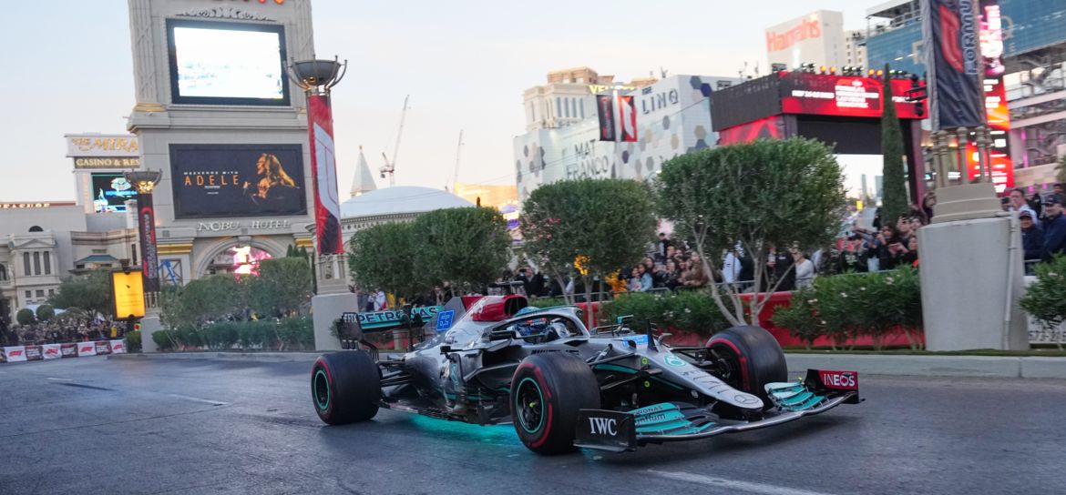 Formula 1 race car driver on the Strip during Launch Party for Grand Prix Las Vegas.