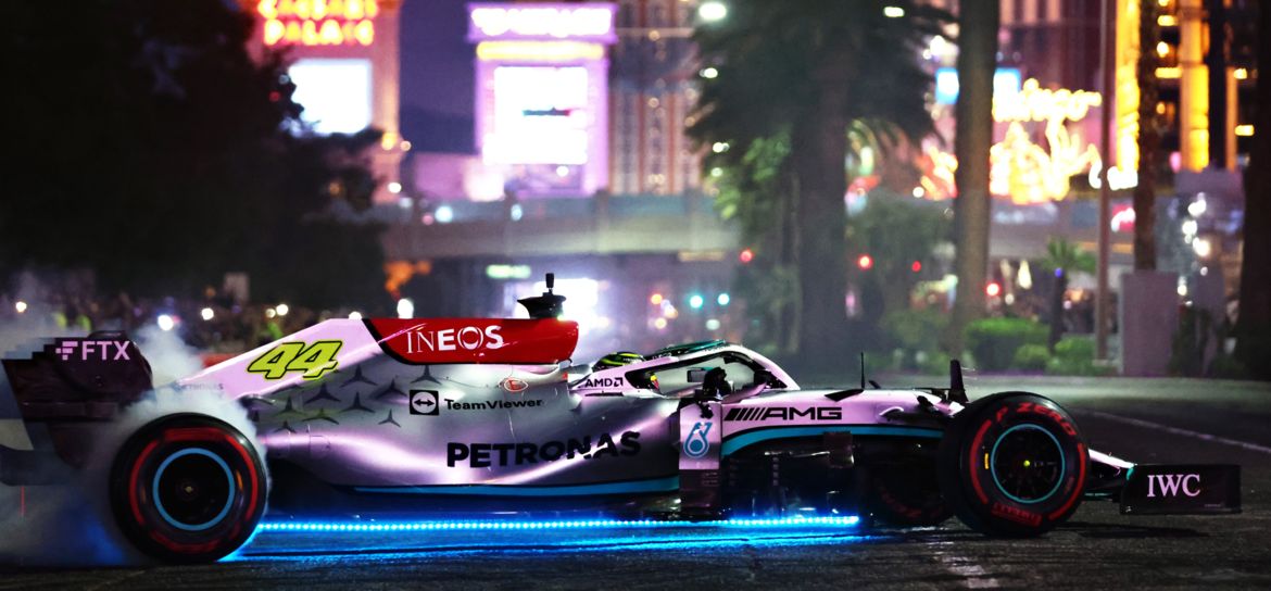 Formula 1 Race Car on the Las Vegas Strip at night.