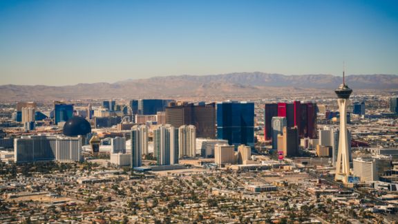 a daytime view of the Las Vegas Strip seen from the sky on a helicopter tour
