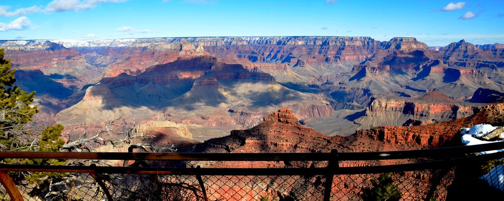 A woman stands at a fence before a sprawling Grand Canyon landscape located within the South Rim
