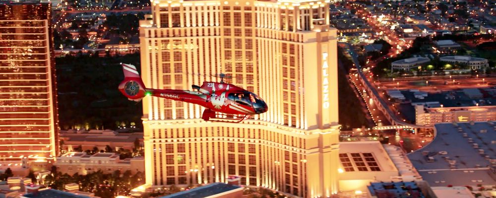 Helicopter tour flying past the Palazzo Hotel on Las Vegas Strip