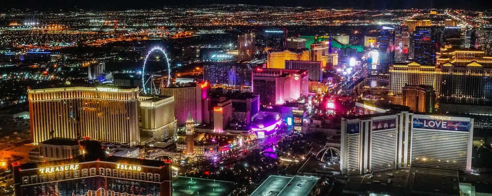 Brilliantly-colored neon lights adorn the Las Vegas Strip during the night