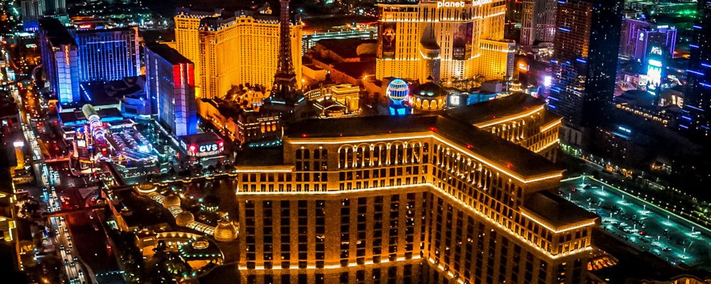 Views of the lights of the Las Vegas Strip from the inside of the helicopter.