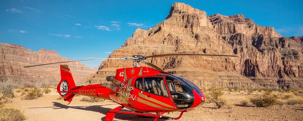 Helicopter landed at the bottom during a Grand Canyon Helicopter Tour