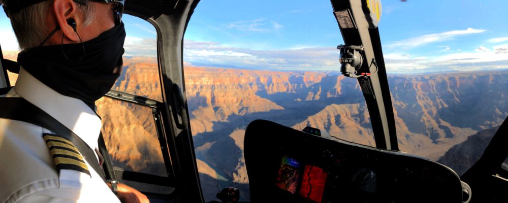 View of Grand Canyon from the inside of the Cockpit of a Airbus ECO-Star EC-130 Helicopter.