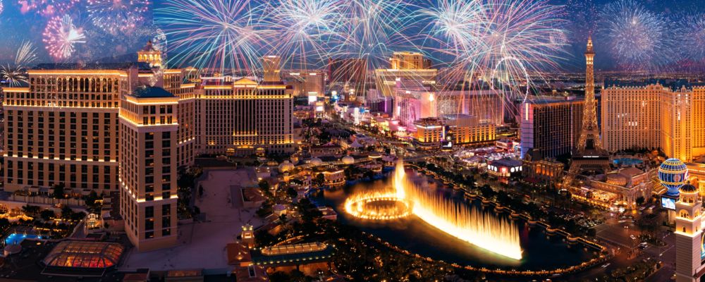 Fireworks illuminate the sky over the Las Vegas Strip