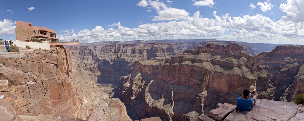 The Skywalk Bridge located at Grand Canyon West facing Eagle Point across the gorge