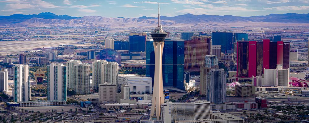 The Las Vegas Strip seen at daytime with the STRAT Tower in the foreground