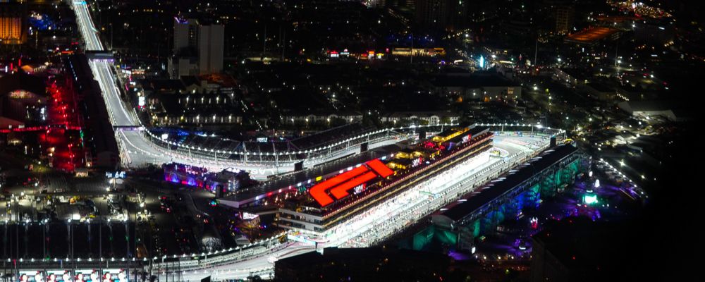 The Las Vegas street circuit and grandstands lit up during the night race