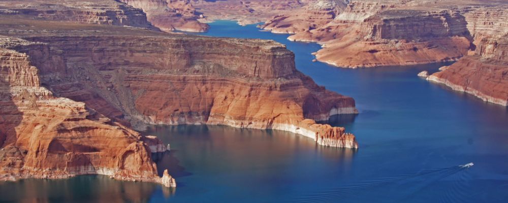 Lake Powell landspace photo taken during an airplane aerial flight.