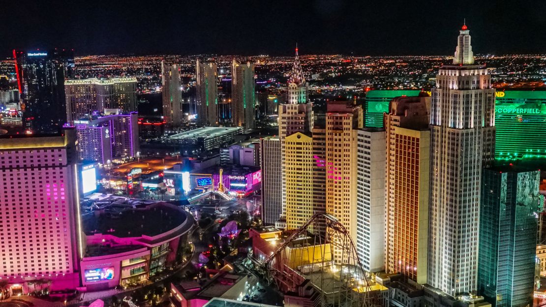 Views of New York-New York Hotel & Casino from the inside of helicopter. 