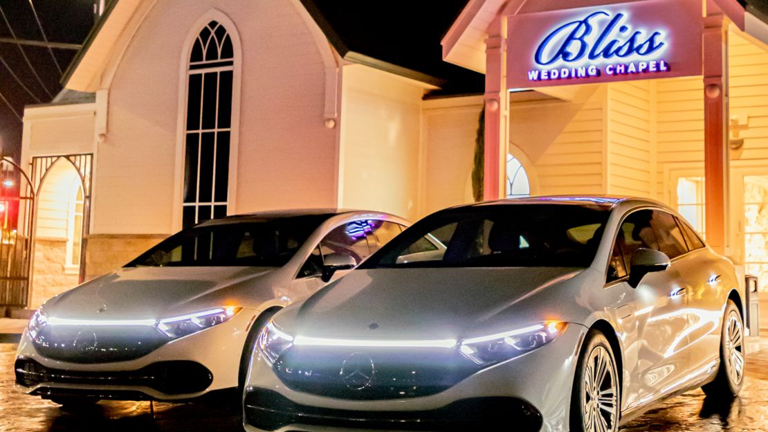 two luxury mercedes cars parked in front of the Bliss Chapel in Las Vegas