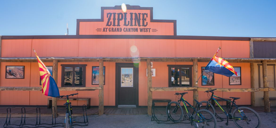 an Old West style building that serves as the entry onto the zipline at Hualapai Point at Grand Canyon West