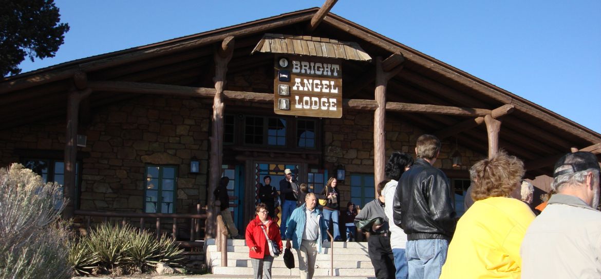 the entrance of the historic Bright Angel Lodge where Grand Canyon tourists enter and exit