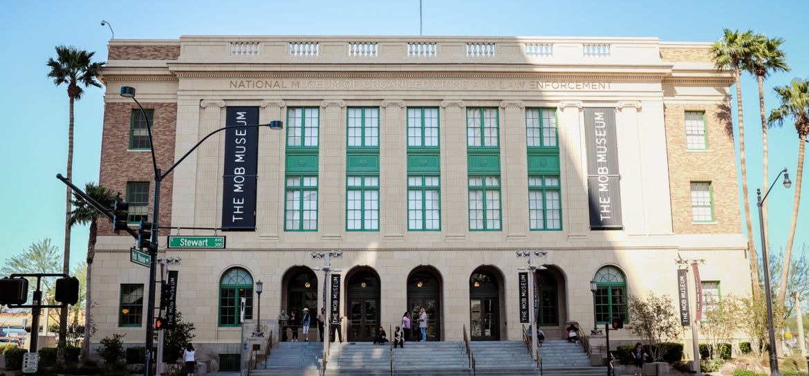 an exterior shot of the Mob Museum in downtown Las Vegas