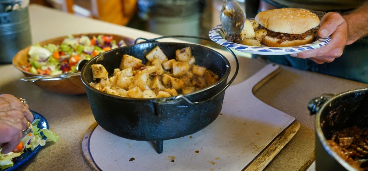 cooked potatoes and other homemade food at Bar 10 Ranch