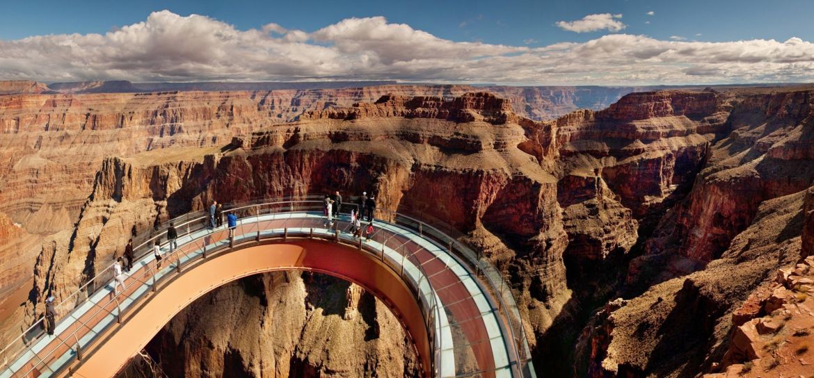 the Skywalk Bridge at the Grand Canyon West seen from above
