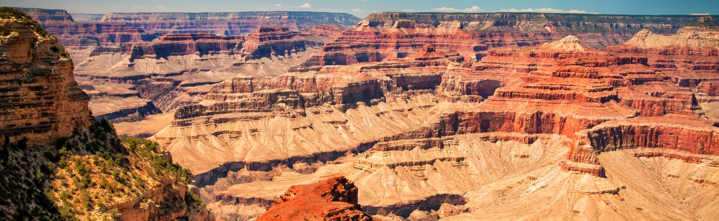 a wide view of a section of the Grand Canyon National Park's striped stone walls