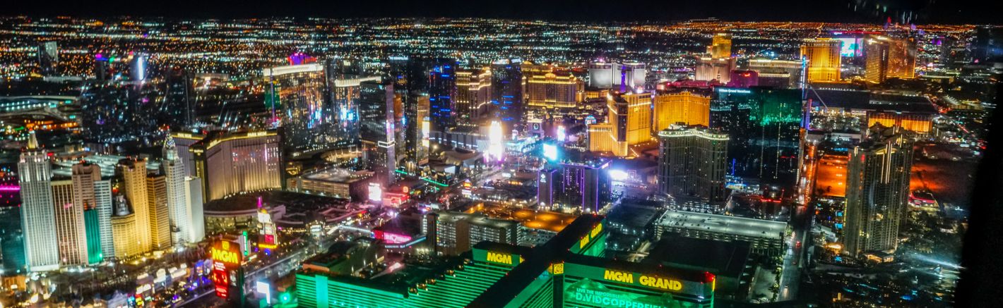 The Strip casinos seen from the sky on a Las Vegas helicopter tour at night