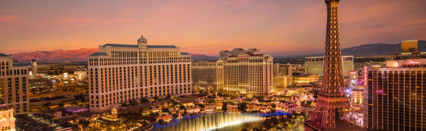 the bellagio casino and fountains seen at sunset