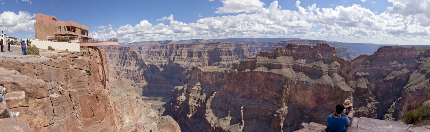 a panoramic view of the Skywalk Bridge at the Grand Canyon West Rim