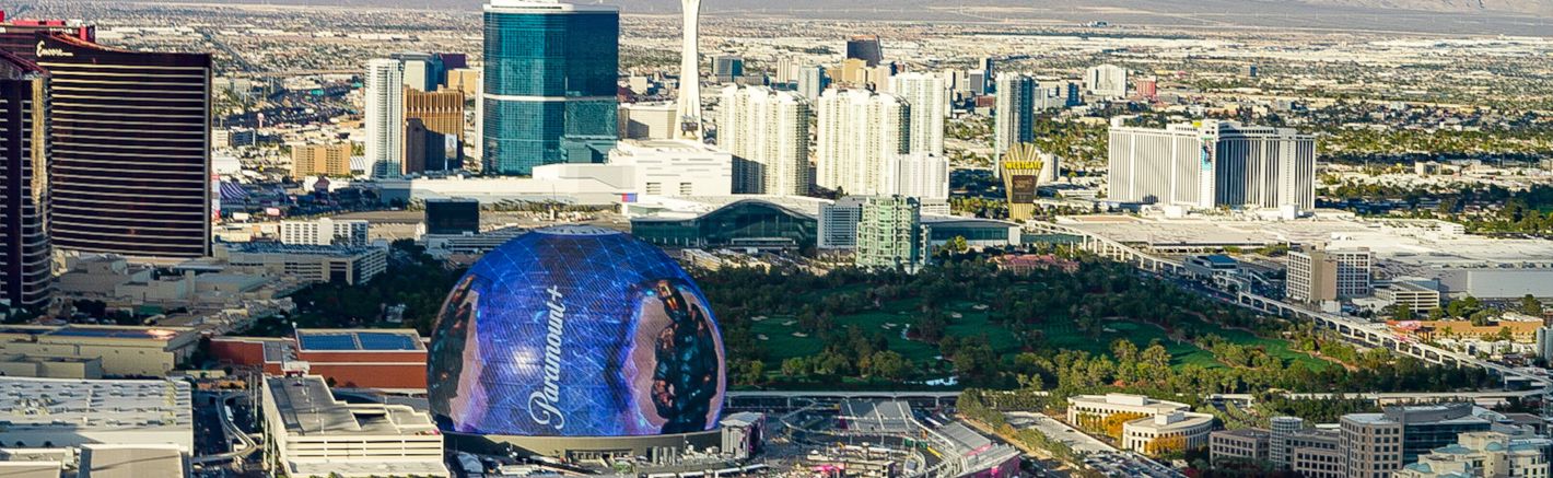 The Las Vegas Strip and the Stratosphere casino seen from the sky