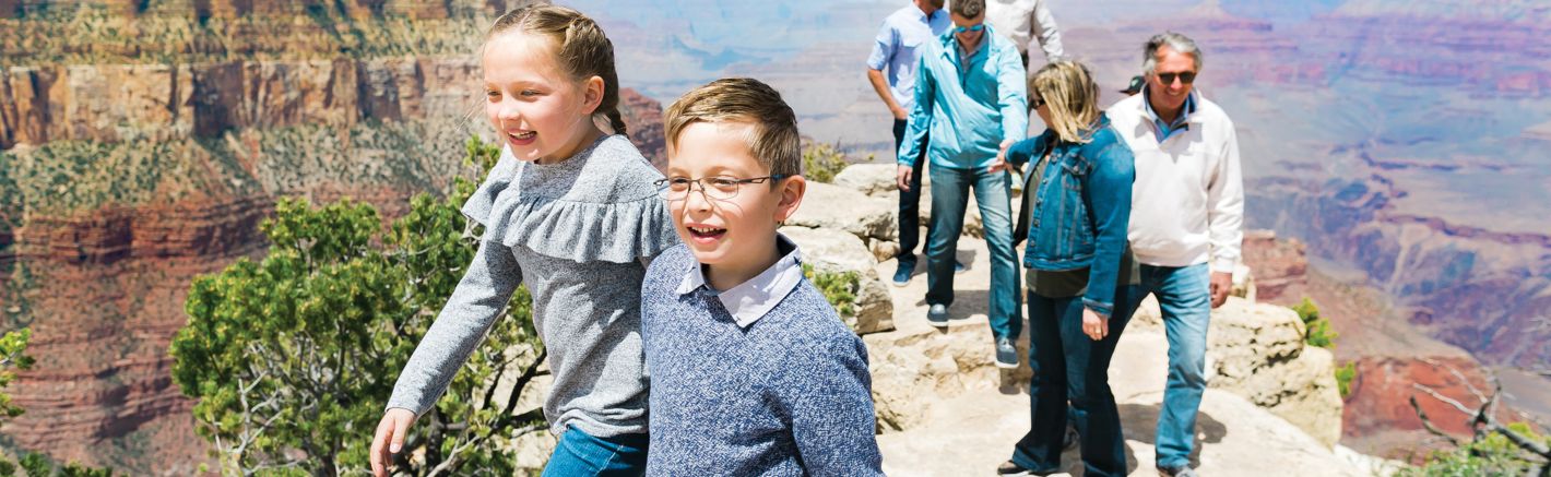 a family explores a Grand Canyon lookout point with two children in the foreground