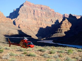 Helicopter landing on the Grand Canyon floor