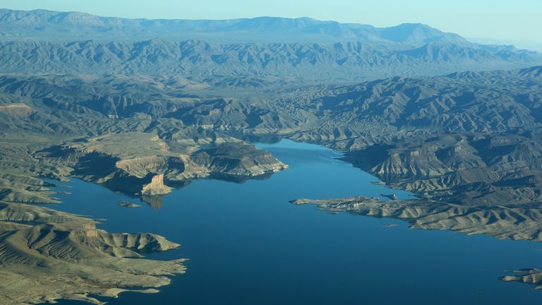 A bird's-eye view of Lake Mead from a helicopter tour from Las Vegas.