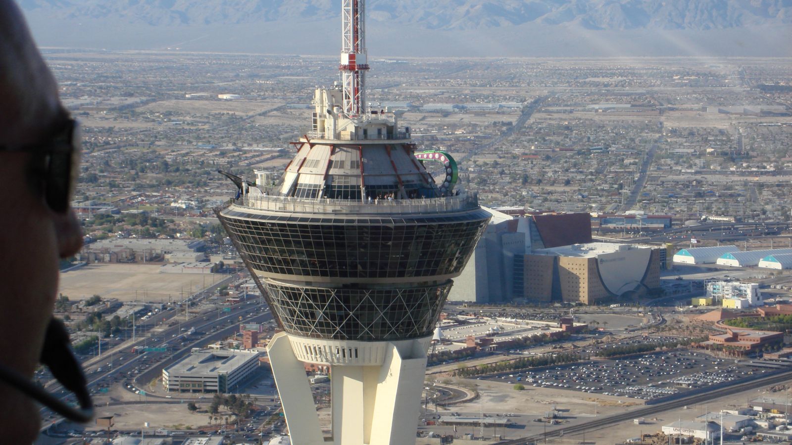 a close up view of the top of the STRAT tower from inside a helicopter tour