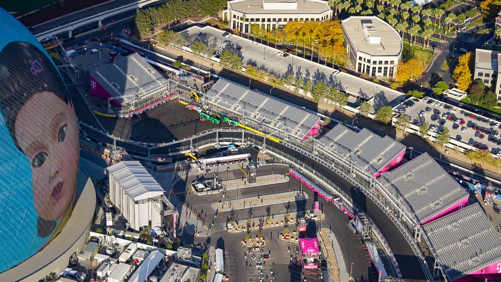 daytime view of the race grandstands and t-mobile arena