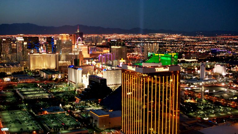 The Las Vegas Strip at night taken from inside a helicopter during a tour.