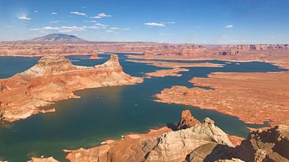 view of glen canyon walls and lake powell from an air tour