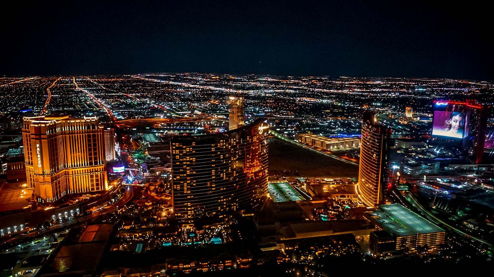 The neon lights of the Las Vegas Strip at night on New Year's Eve.