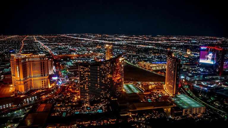 The neon lights of the Las Vegas Strip at night on New Year's Eve.