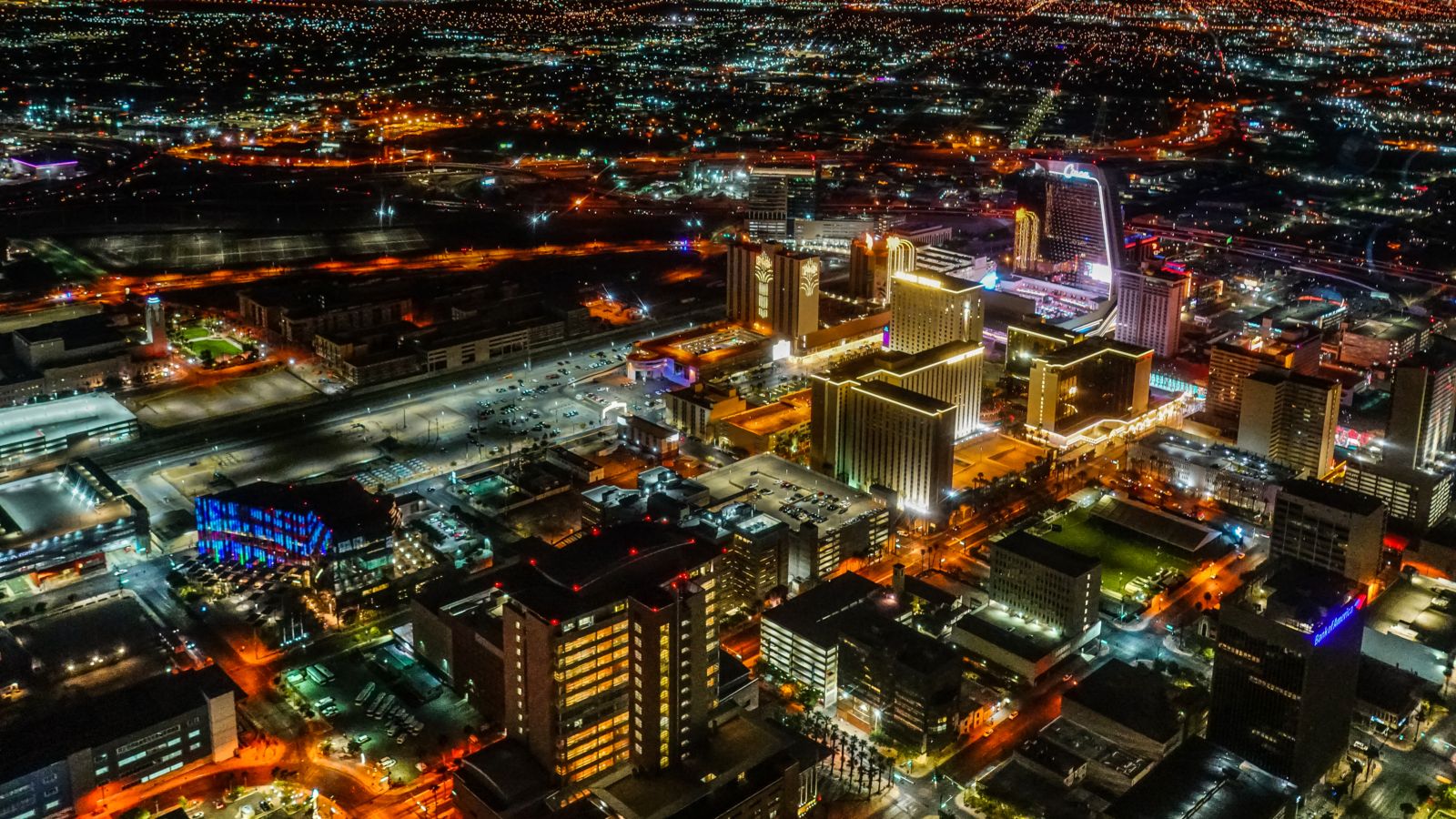 aerial sights of Fremont Street seen from a las vegas helicopter tour