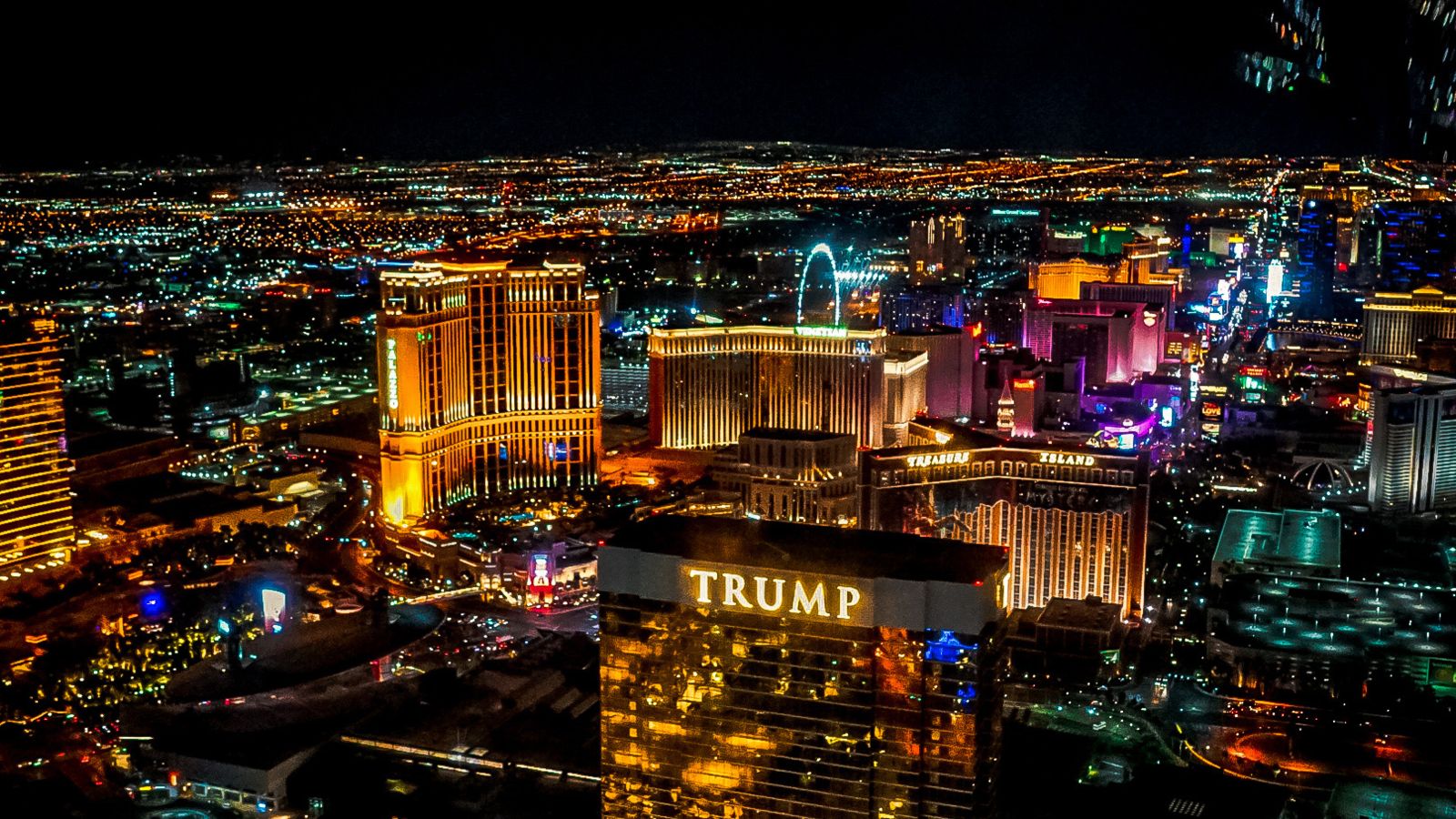 View of the Las Vegas Strip at night from a helicopter tour.