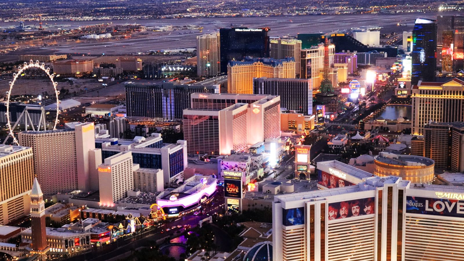 aerial view of las vegas strip at sundown