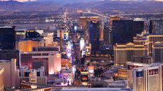 Aerial view of the Strip casinos seen from a Las Vegas helicopter tour during Sunset.