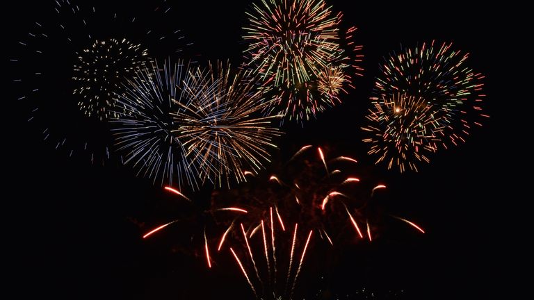 Fireworks across a dark night sky.