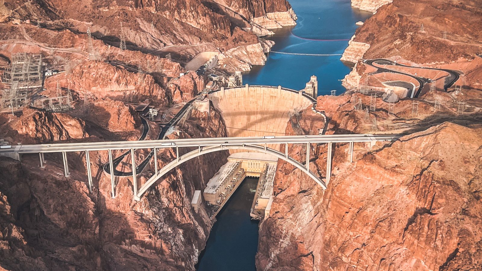 Hoover Dam and the surrounding Lake Mead seen from a flight to the Grand Canyon