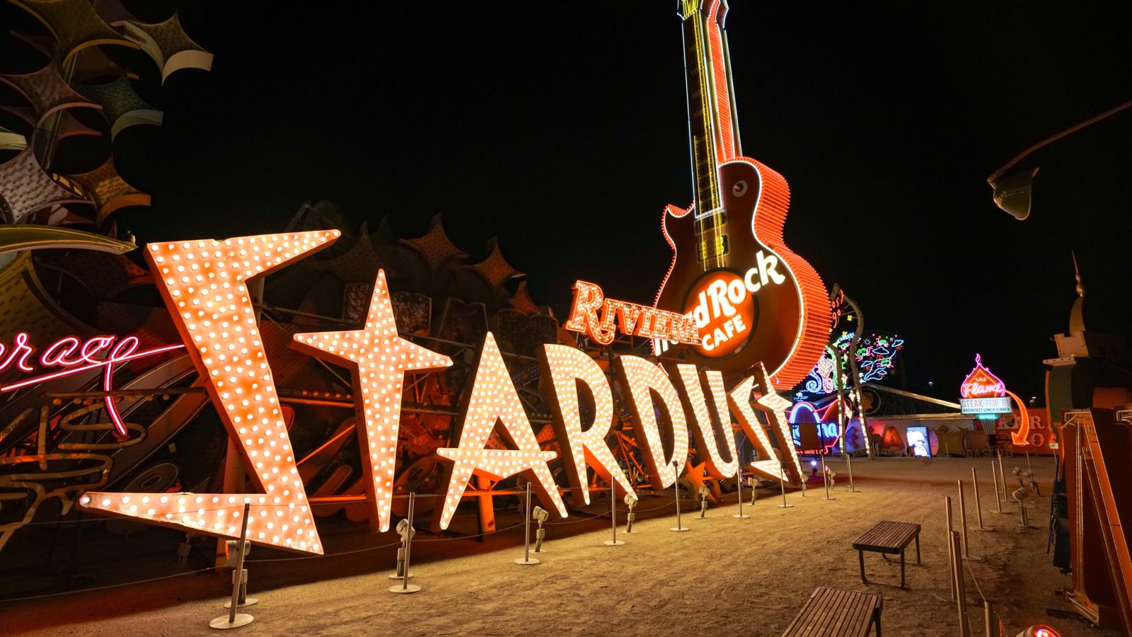 The Stardust and Hard Rock Café vintage signs on display at Neon Museum.