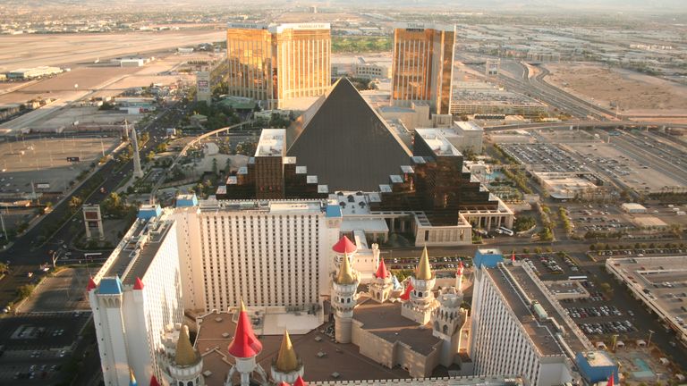 aerial view of the luxor hotel on the las vegas strip from a helicopter tour