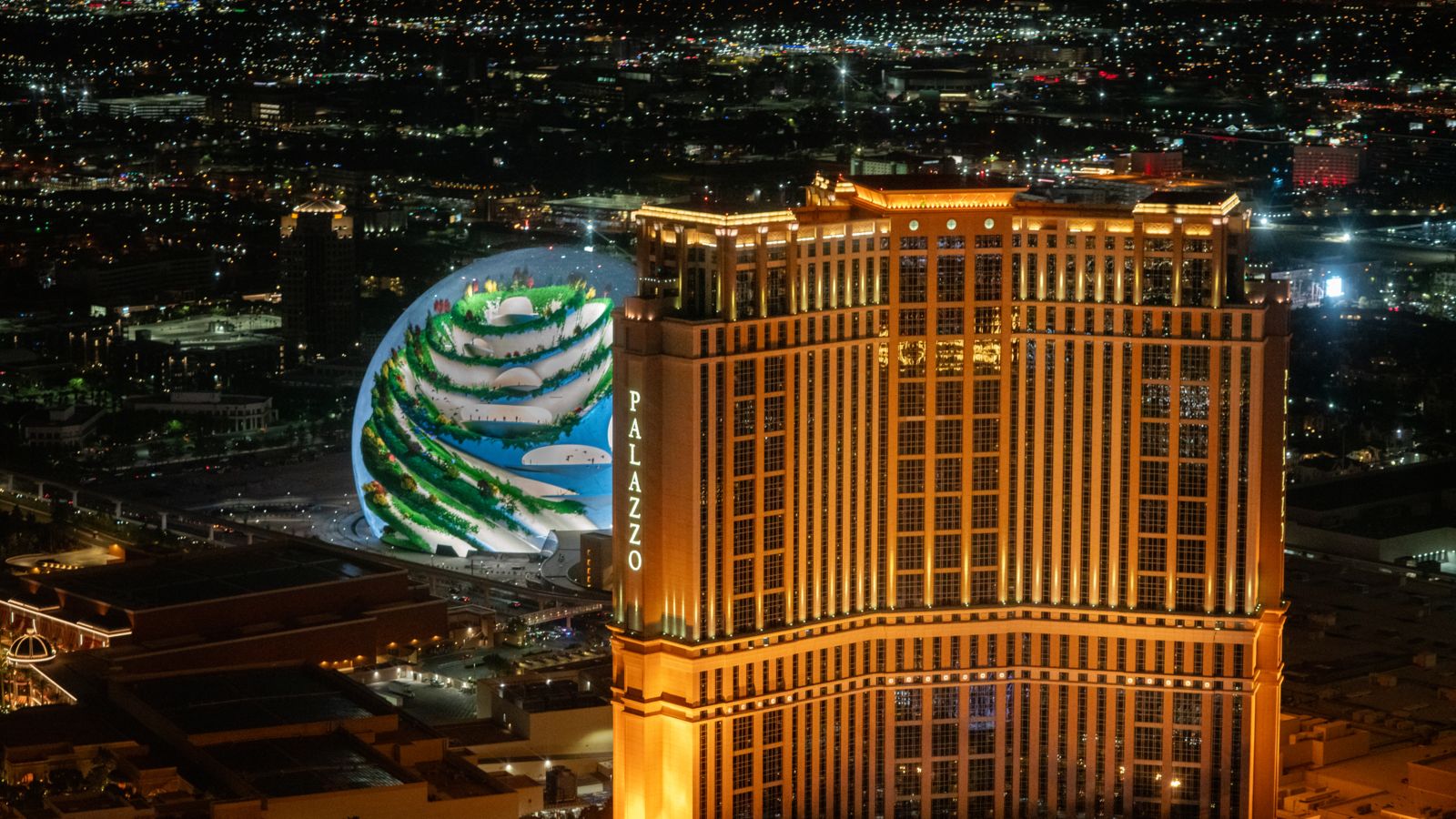 The Palazzo casino and the stunning MSG Sphere seen from a Las Vegas helicopter tour